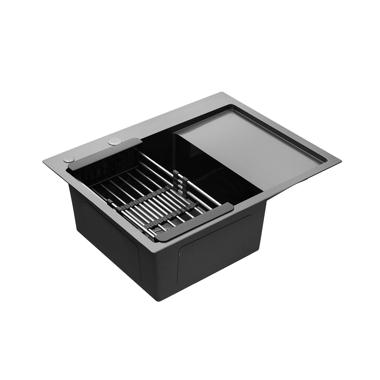 Мийка кухонна Kroner KRP PVD Schwarze-6350LHM (3.0/1.0 мм) 215 чорна + дозатор килимок кошик