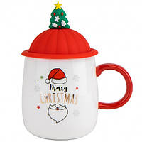 Новогодняя чашка с силиконовой крышкой и ложкой Merry Chrismas ( рандомный выбор дизайна)