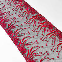 Ажурне мереживо вишивка на сітці: червоного кольору нитка, чорна сітка, ширина 24 см