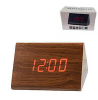 Настольные часы с 3 режимами работы и втроеным градусником с красной подсветкой Wooden Clock 1300