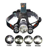 Мощный налобный фонарь аккумуляторный с 3 LED лампами для рыбалки и кемпинга, 4 режима работы Bailong