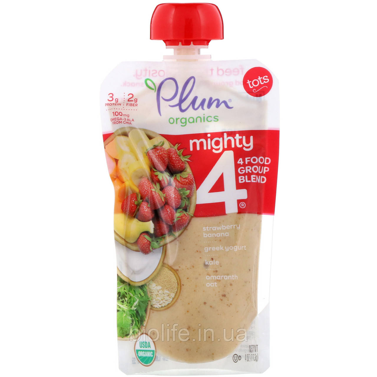 Plum Organics, Mighty 4, для дітей, поживна суміш 4 груп продуктів, полуниця, банан, капуста, Греція