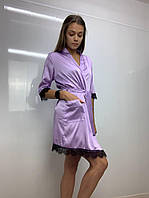 Халат шовк, лілового кольору з мереживом