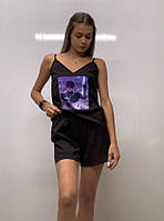 Модна піжама майка ширти софт із принтом венздей Wednesday чорний колір