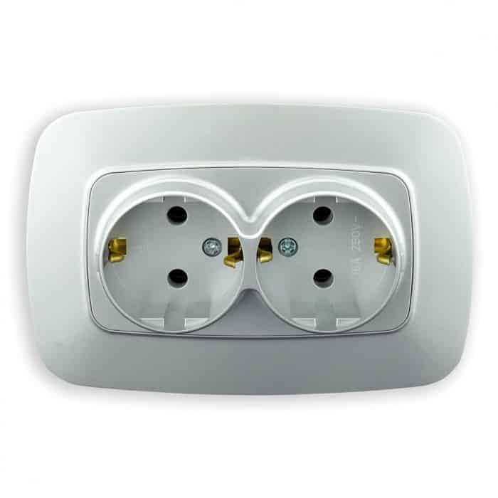 Розетка подвійна з заземленням срібло ELA HOROZ ELECTRIC 112-007-0008-020
