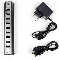 Розгалужувач USB HUB на 10 портів з активною зарядкою 220V. JU-570 Колір чорний