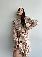 Женское платье миди софт с крупным цветочным принтом (Размеры 42, 44, 46, 48), Персиковое