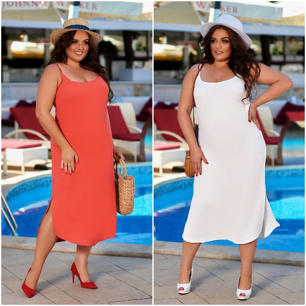 Літнє плаття міді з тонкої тканини жатка на бретелях норма та великі розміри