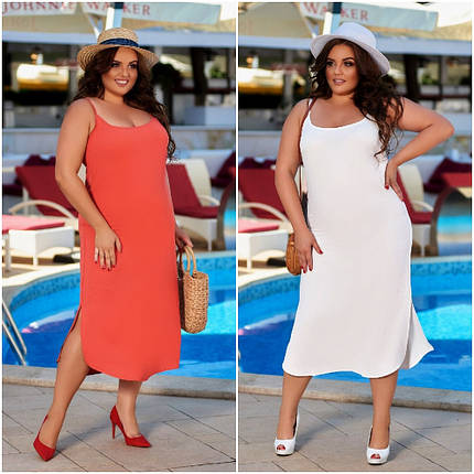 Літнє плаття міді з тонкої тканини жатка на бретелях норма та великі розміри, фото 1