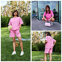 Жіночий літній повсякденний костюм шорти та футболка, легка жіноча футболка та шорти оверсайз рожевого кольору L