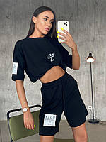 Женский летний спортивный костюм футболка и шорты с высокой посадкой удобный молодежный костюм оверсайз Черный, 46-48