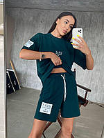 Женский летний спортивный костюм футболка и шорты с высокой посадкой удобный молодежный костюм оверсайз Зелёный, 42/44
