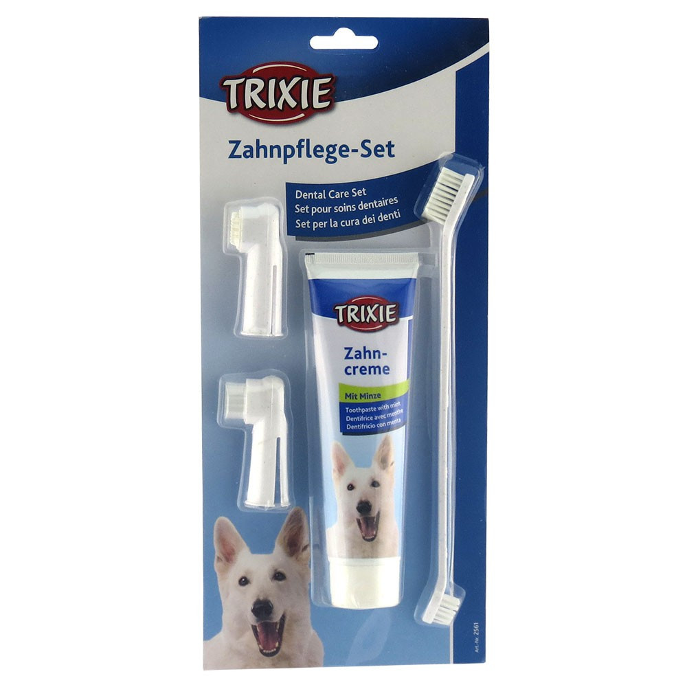 Зубна паста з м'ятою + 3 щітки Trixie Dental Care Set Набір для гігієни порожнини рота собак , 100 г (2561)