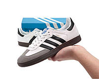 Женские кроссовки Adidas Samba (белые с серым и чёрным) короткие спортивные осенние кеды К14271