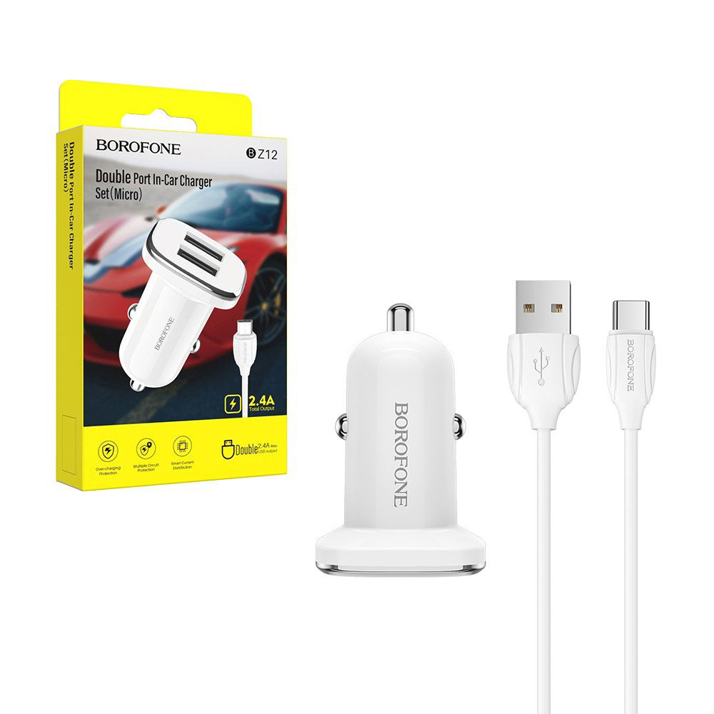 Автомобільний зарядний пристрій BOROFONE BZ12 2.4 A 2 USB Type-C (білий)