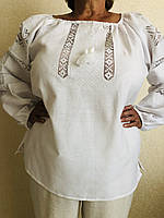 Женская вышиванка с длинным рукавом белая лен 58-66 размер