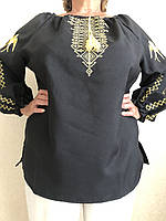 Женская вышитая блуза с длинным рукавом черная габардин 58-66 размер