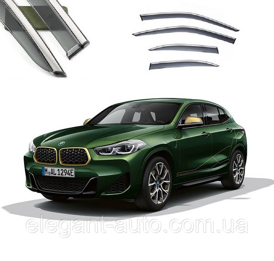 Дефлектори вікон BMW X2 2020- П/К скотч "FLY" "молдинг із нерж. сталі 3D" BBMWX22023-W/S (83)