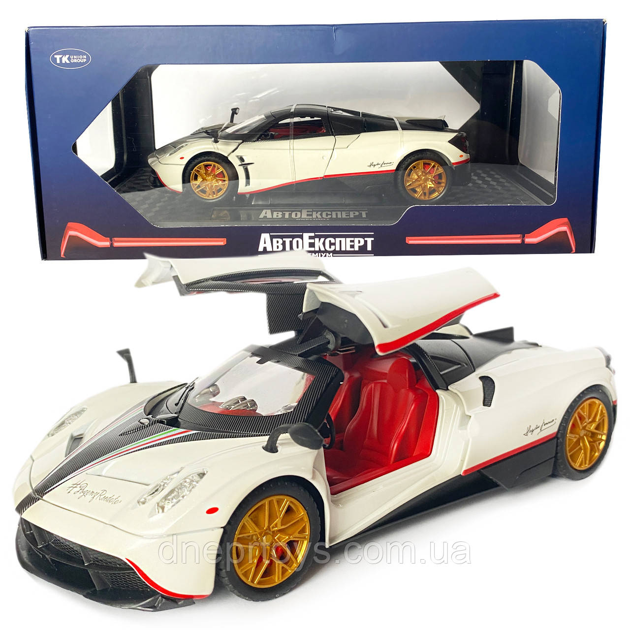 Машинка металева іграшкова Pagani huayra Roadster, Авто Експерт, 1:24, біла, світло, звук, інерція, відкр. двері, 21*5,5*9см., фото 1