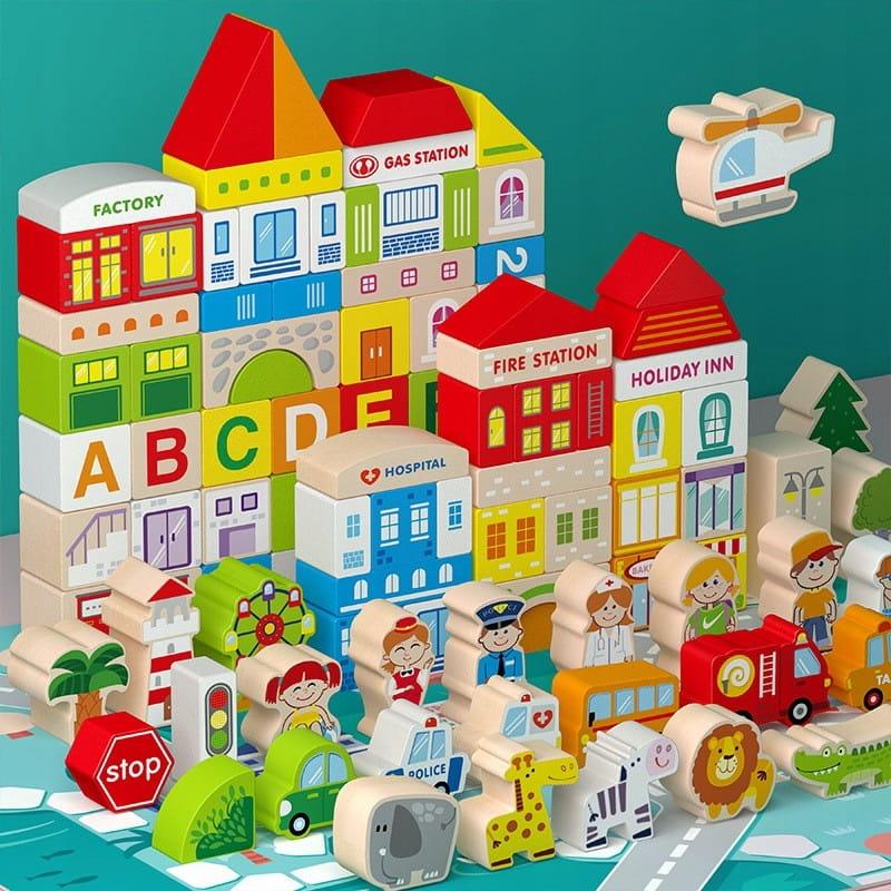 Дитячі дерев'яні розвиваючі ігрові кубики "Місто", Bobo-San, тварини, машинки, 120 шт.