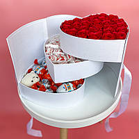 XXL Премиум подарочный бокс сердечко 3-ярусное для любимой мамы с красными розами и мишкой
