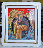 Ікона Святого Пророка Іллі іменна в білому фігурному кіоті під склом, розмір кіота 30×26 сюжет 20×24