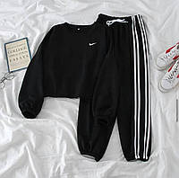 Спортивный молодежный женский костюм двойка двунитка (свитшот с логотипом Nike + штаны); черный и серый цвет