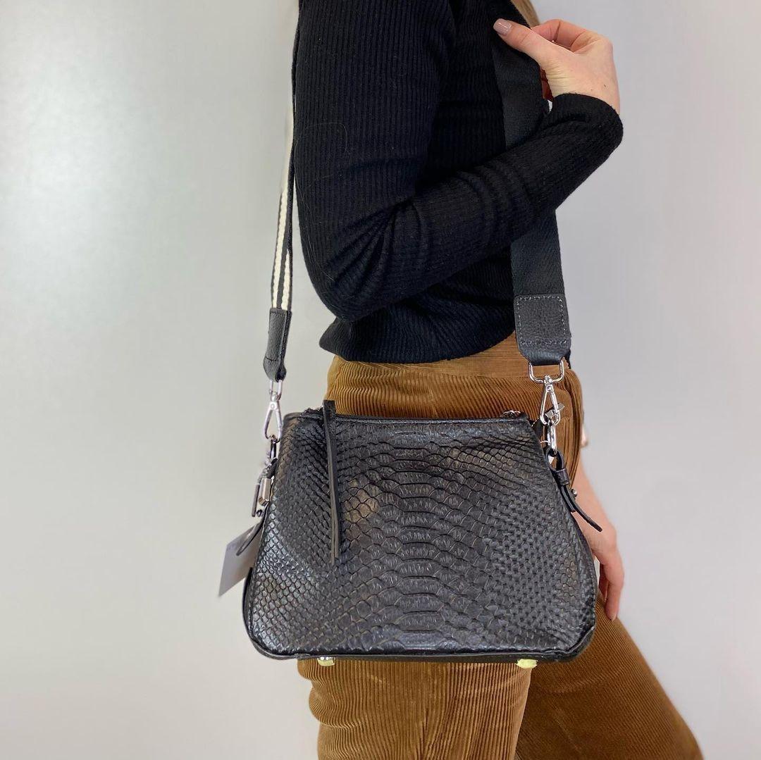 Шкіряна сумка трапеція на три відділення фактура ЗМІЯ С101-КТ-4135-З Чорна, фото 1