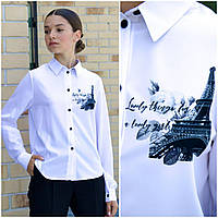 Ошатна бавовняна біла шкільна блуза "Париж" (134-158р)
