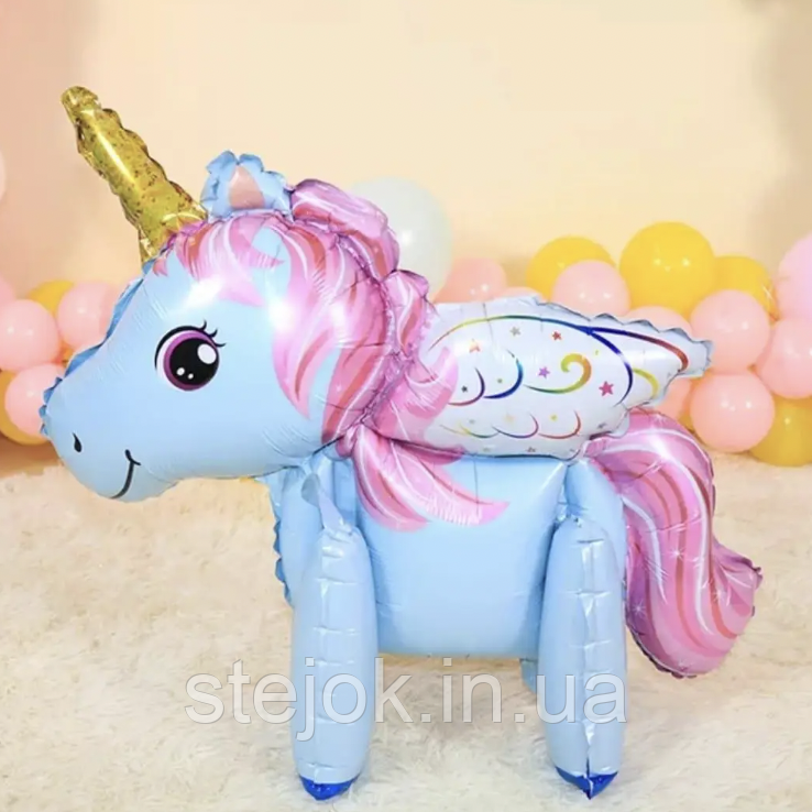Фольгована куля 3D Єдиноріг блакитна з ніжками, фото 1