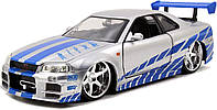 Silver and Blue Die-cast Car Jada Toys Fast & Furious Brians 2002 Nissan Skyline R34 Diecast Car, масштаб