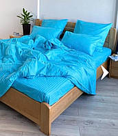 Семейный комплект постельного белья Голубой синий бирюзовый страйп сатин Виталина