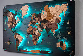 Деревянная карта мира многослойная с подсветкой на шите с гравировкой.
