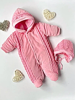 Детский утепленный комбинезон с шапкой для новорожденных вязаный с велюровыми вставками Змейка размер 62 см Lari Розовый