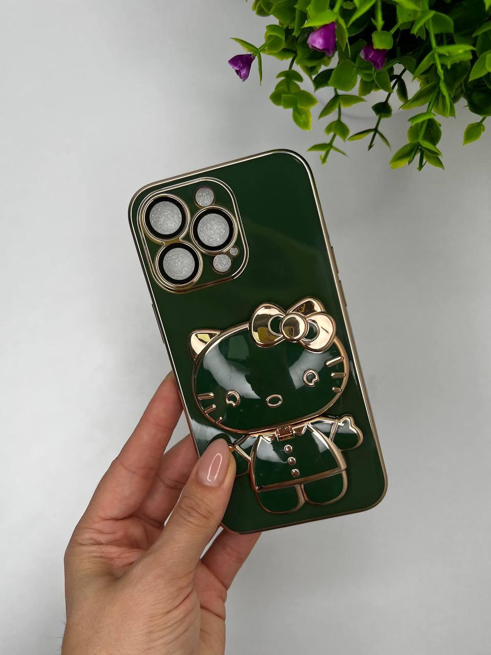 Чохол для IPhone Гальванічний з підставкою (Pop-Socket) Hello Kitty Dark Green