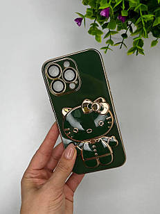Чохол для IPhone Гальванічний з підставкою (Pop-Socket) Hello Kitty  Dark Green
