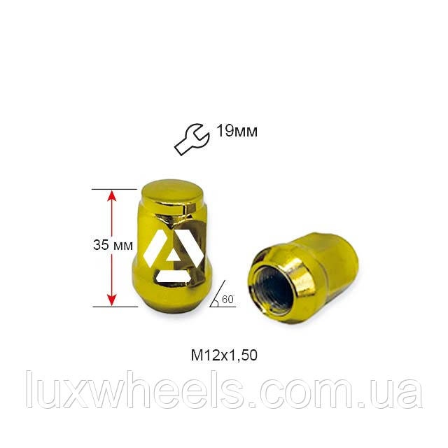 Гайка колісна A801445 GD M12х1,5х35мм Конус (Mazda, Kia, Hyundai, Daihatsu) Закрита Золотий Хром Ключ 19