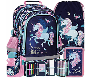 Рюкзак портфель шкільний для дівчинки з єдинорогом набір 5в1 Derform