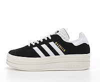 Кроссовки женские Adidas Gazelle Bold черные с белым натуральная замша, прошиты, подошва высокая. код KD-14405