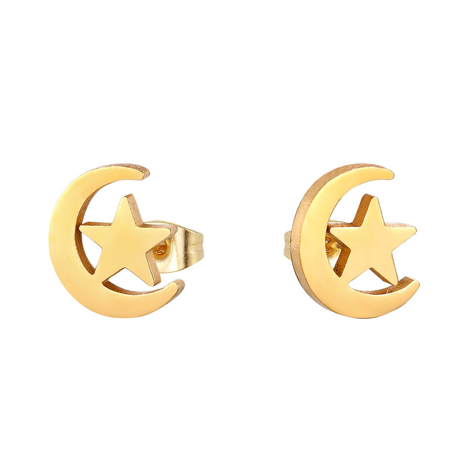 Сережки з нержавіючої медичної сталі з позолотою "Місяць із зіркою", фото 1