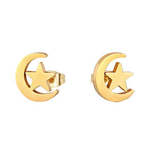 Сережки з нержавіючої медичної сталі з позолотою "Місяць із зіркою"