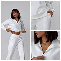 Жіночий спортивний костюм якісний світшот і штани джогері однотонний осінній, весняний двонитка білий S