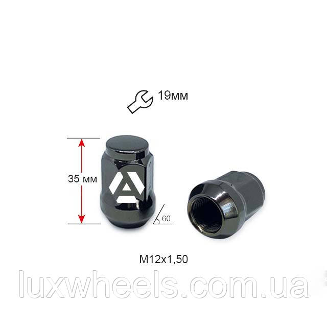 Гайка колісна A801445 GB M12х1,5х35мм Конус (Mazda, Kia, Hyundai, Daihatsu) Закрита Темно-сірий Хром Ключ 19