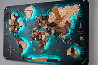 Деревянная карта мира многослойная с разноцветной подсветкой на щите 90х55, Без гравировки, С подсветкой