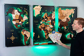 Дерев'яна карта світу з трьох частин багатошарова з підсвіткою та гравіюванням
