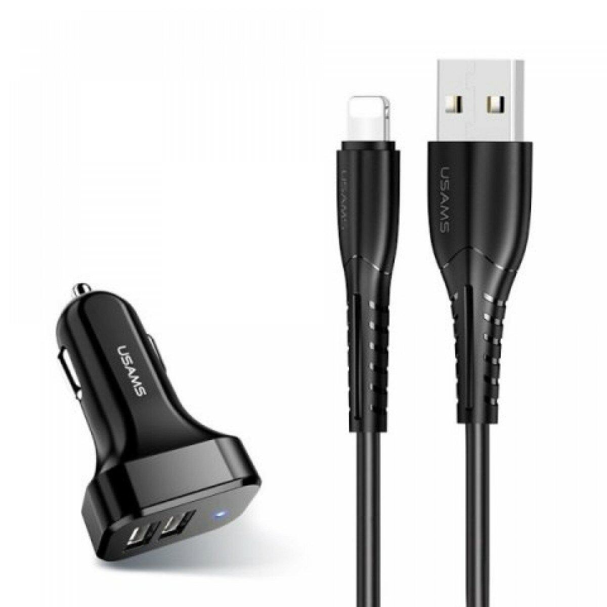 АЗП Usams Travel Car Charger Kit King Tu Series(U35 IP Cable 1M + C13 Dual USB Car Charger) Black