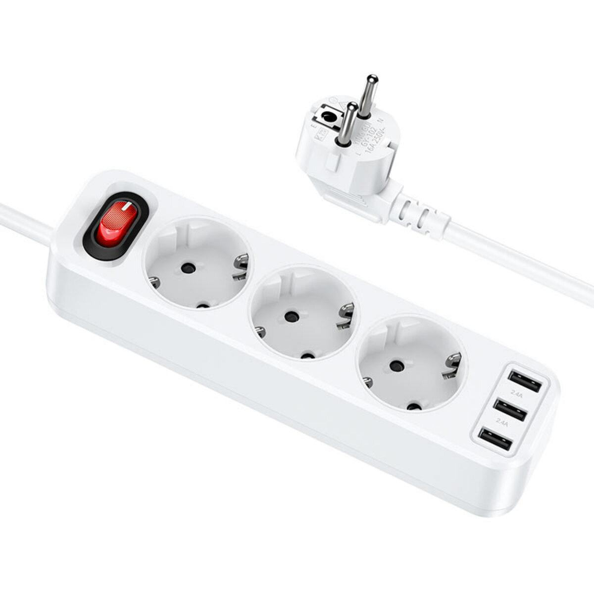 Мережевий зарядний пристрій HOCO NS2 3-position extension cord socket(including 3*USB output) White