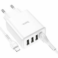 Мережевий зарядний пристрій HOCO C102A Fuerza QC3.0 four-port charger set(iP) White