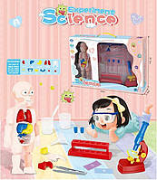 Набор доктора детский W 604, свет, кукла-человек, органы, 14 аксессуаров, микроскоп, пробирки, защитные очки