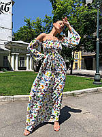 Красивое женское платье макси с объемными рукавами и открытыми плечами с принтом бабочки Smvk8592